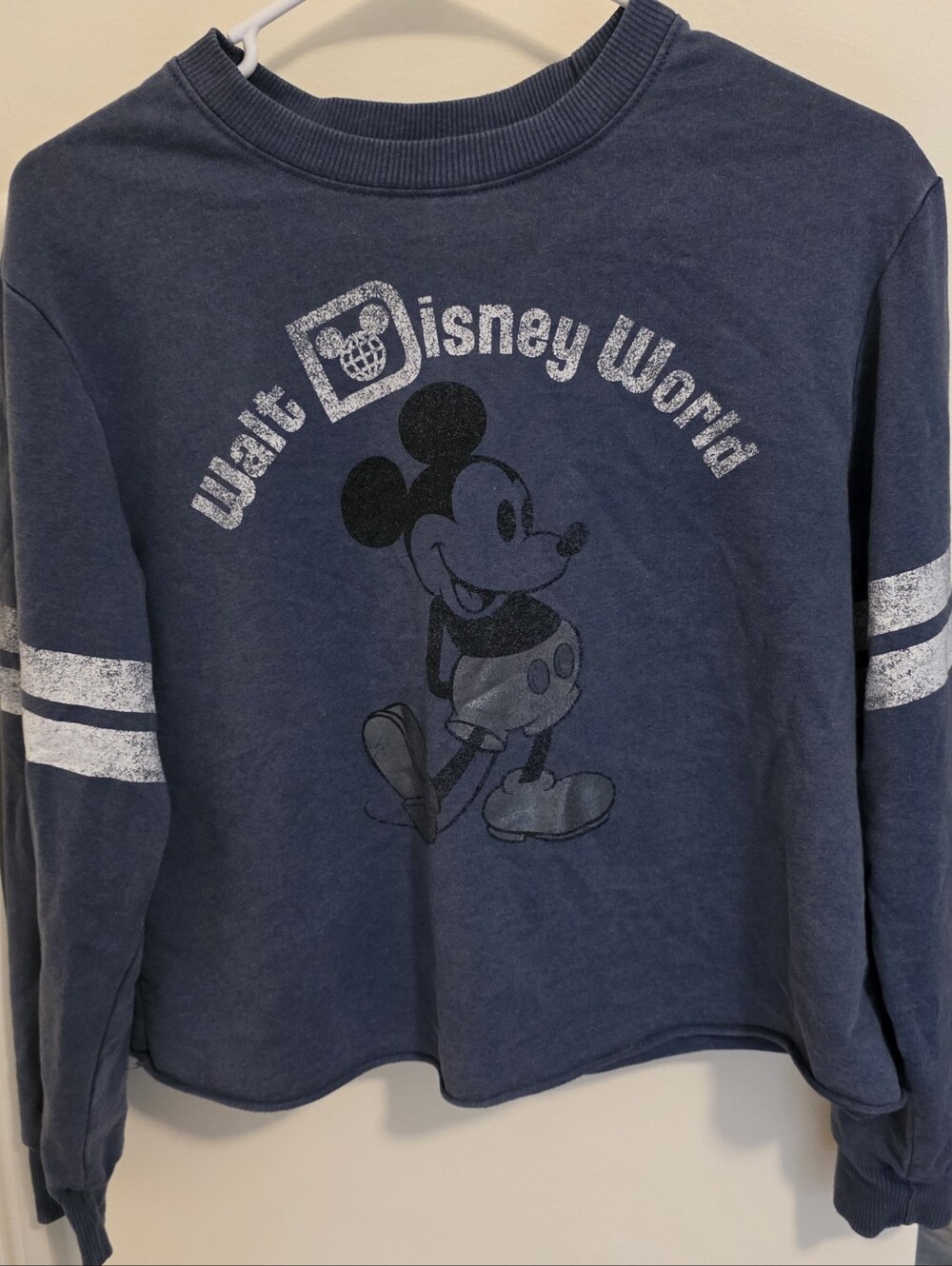 Disney World Park Navy Blue Mickey Mouse Sweatshirt with White Sleeve Stripes